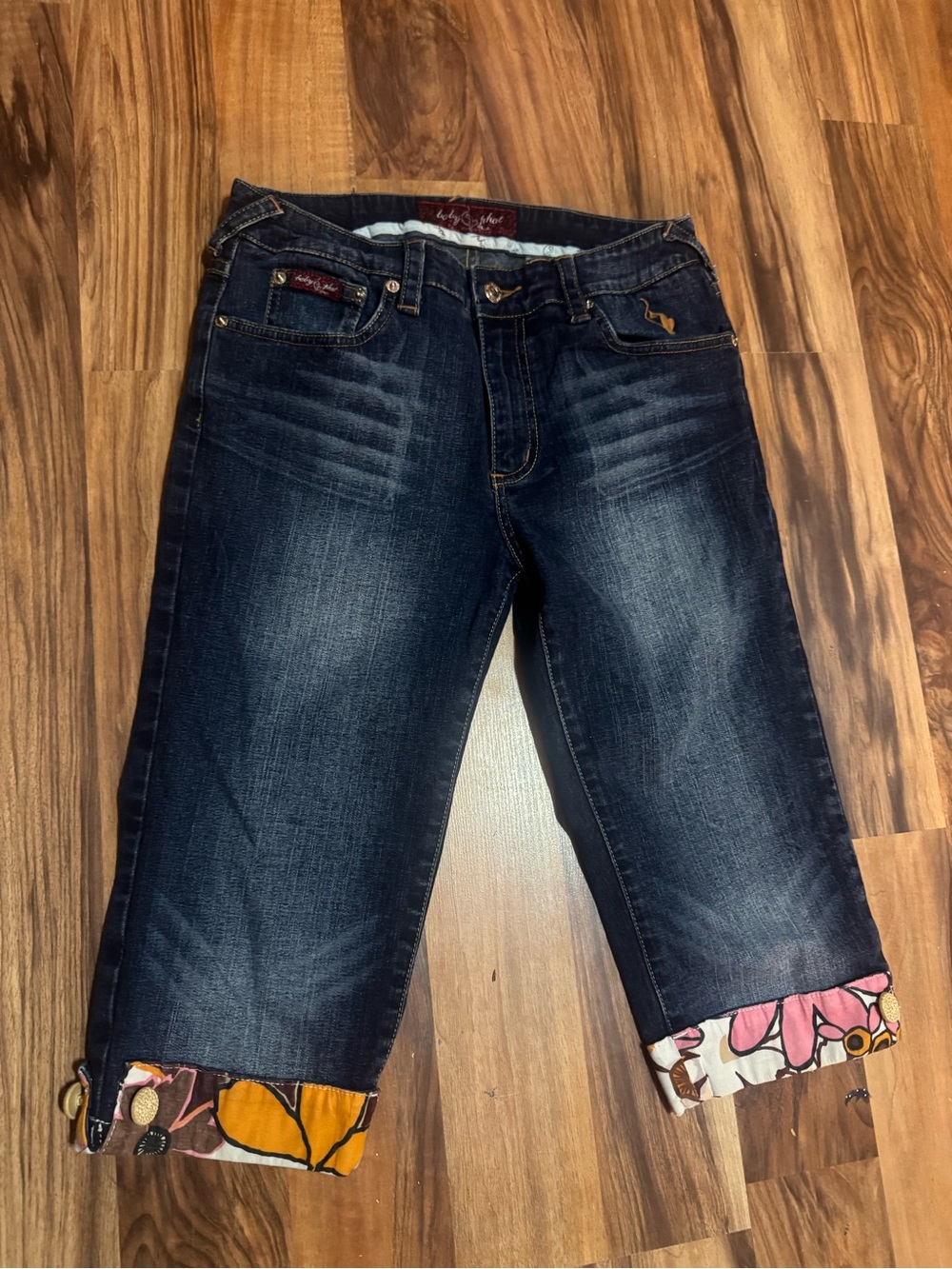 Baby Phat Dark Blue Cropped Jeans with Floral Cuff